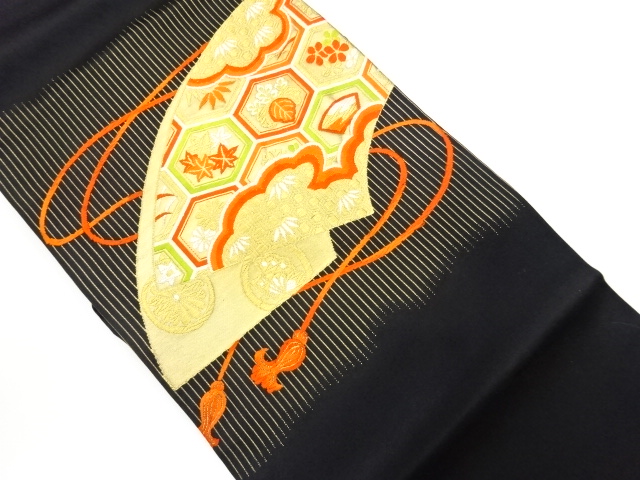 扇・亀甲に花葉模様織出し名古屋帯